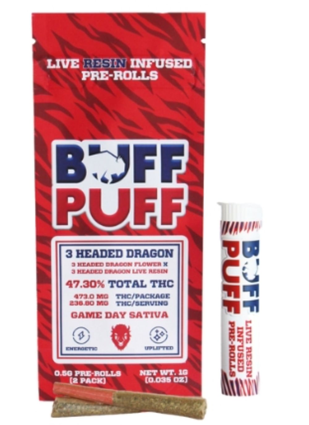 Buff Puff 3 Headed Dragon Live Resin Infused Pre-Rolls 2-pack (Sativa) 47.30% {1g}