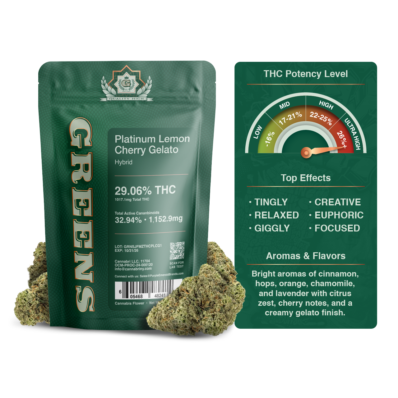 Greens Platinum Lemon Cherry Gelato Flower  (Hybrid) 29% {3.5g}