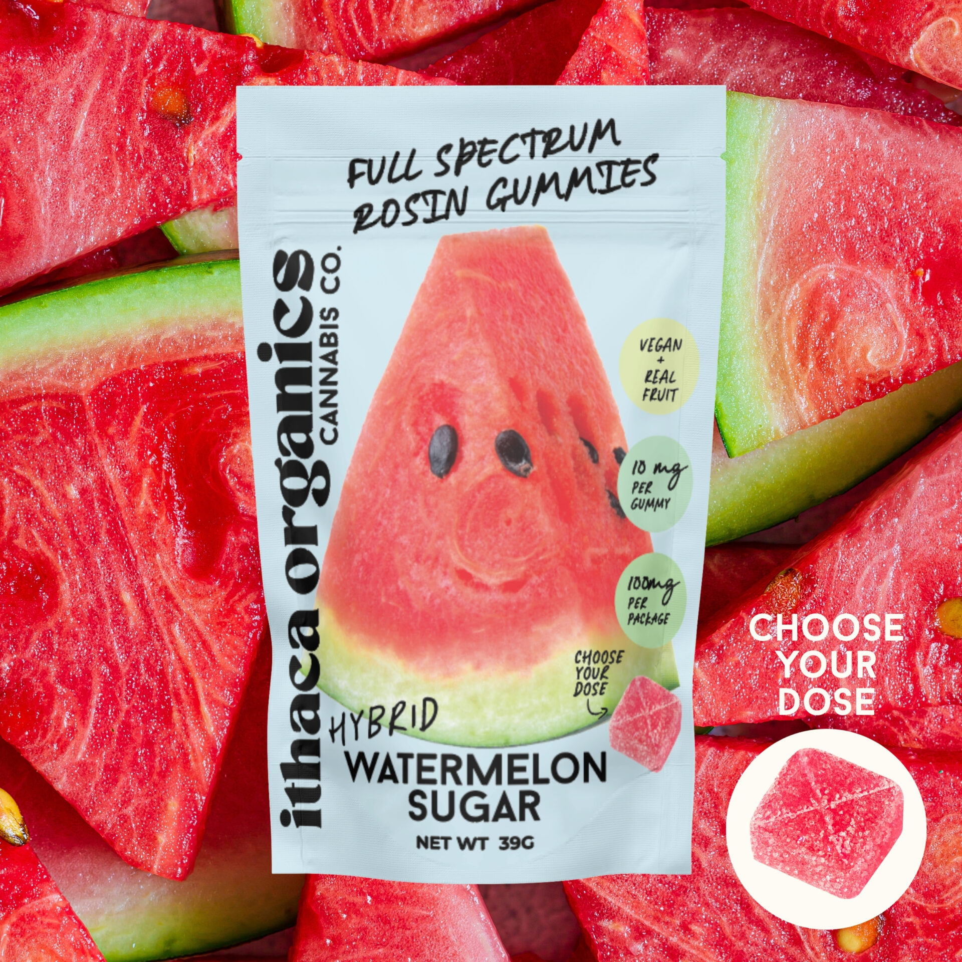 Ithaca Organics Watermelon Sugar Rosin Gummies 10-pack (Hybrid) {100mg}