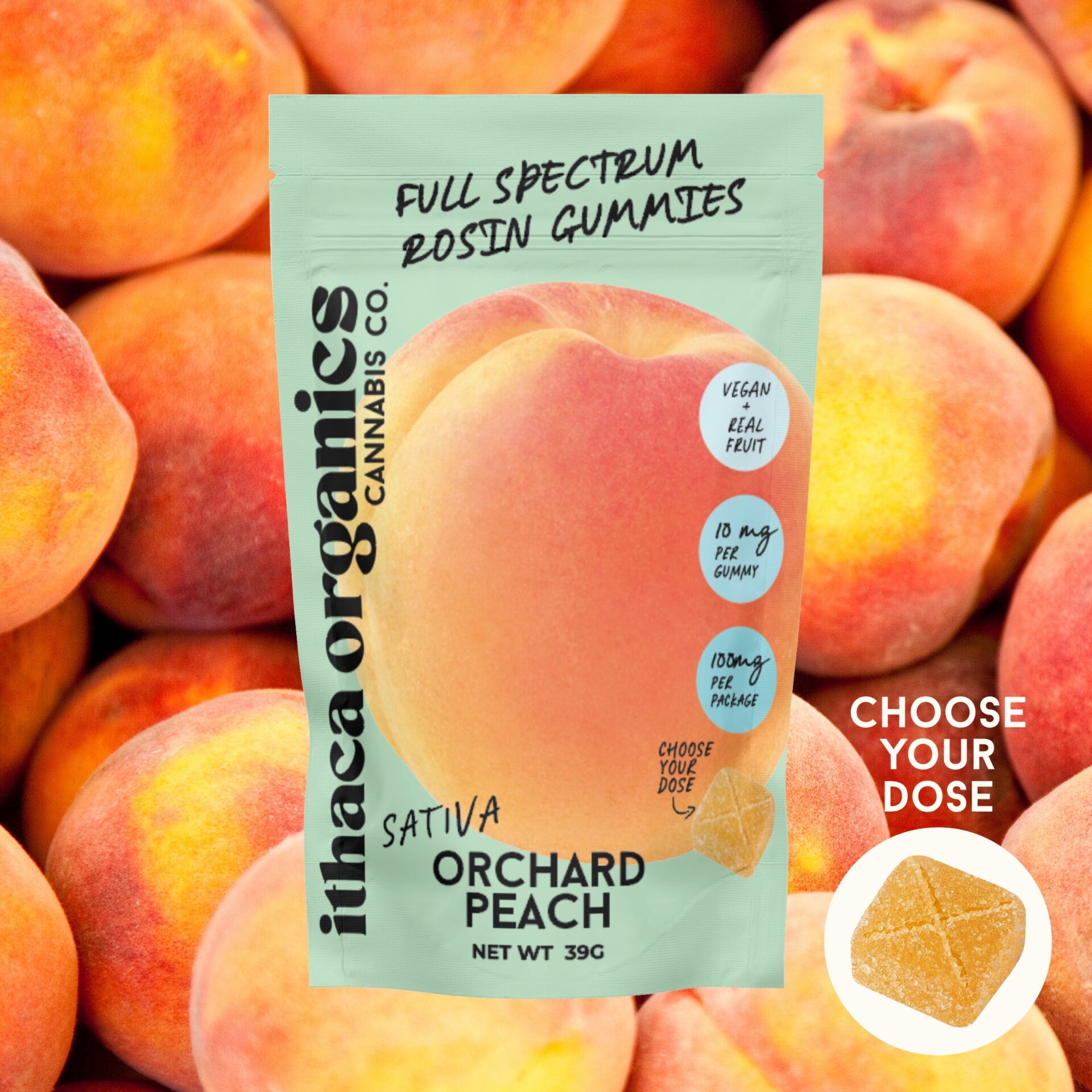 Ithaca Organics Orchard Peach Rosin Gummies 10-pack (Sativa) {100mg}