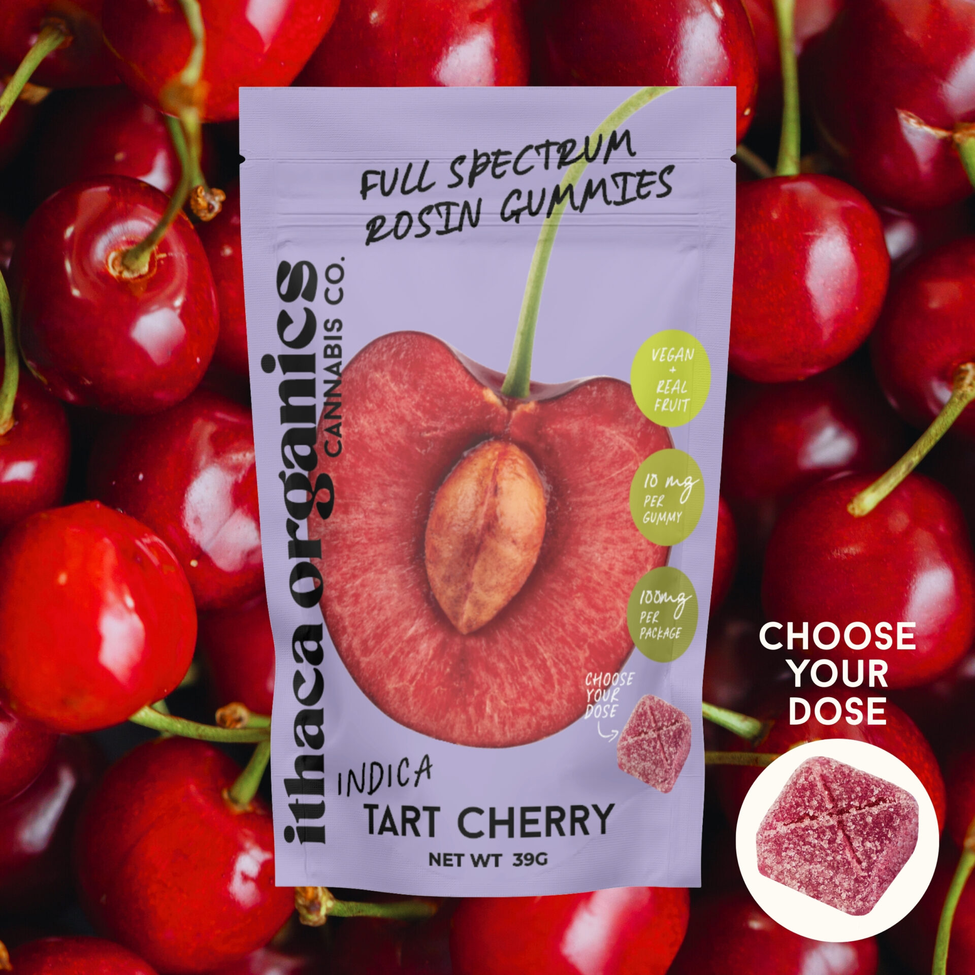 Ithaca Organics Tart Cherry Rosin Gummies 10-pack (Indica) {100mg}