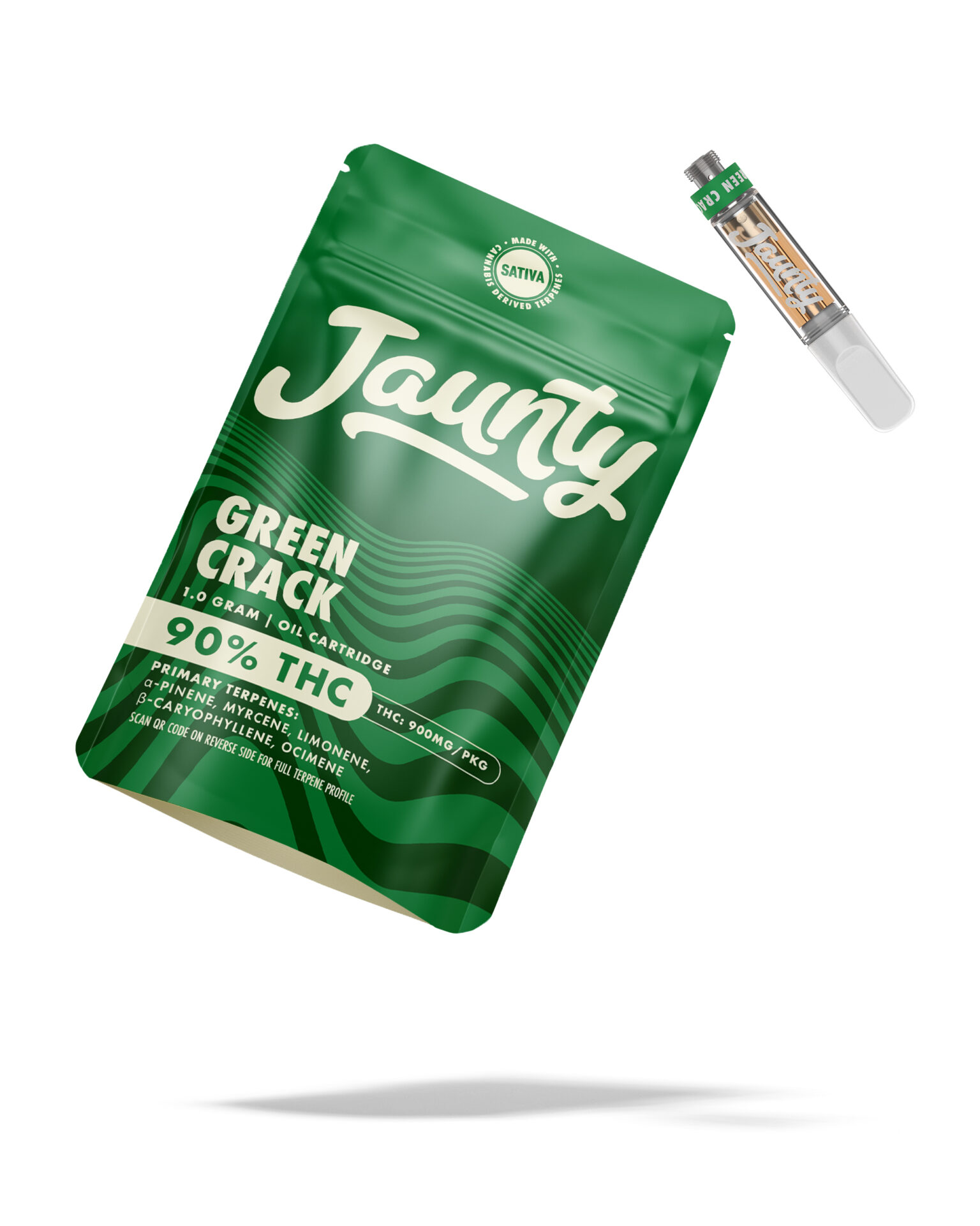 Jaunty Green Crack Threaded Vape Cartridges  (Sativa) 90% {1g}