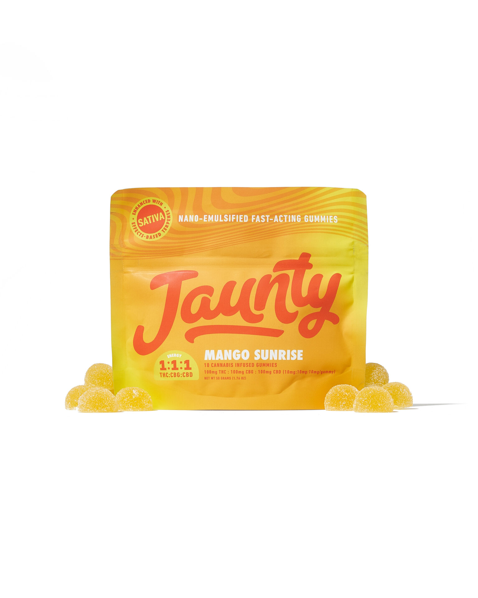 Jaunty Mango Sunrise 1:1 THC:CBG:CBD Gummies 10-pack (Sativa) {100mg}