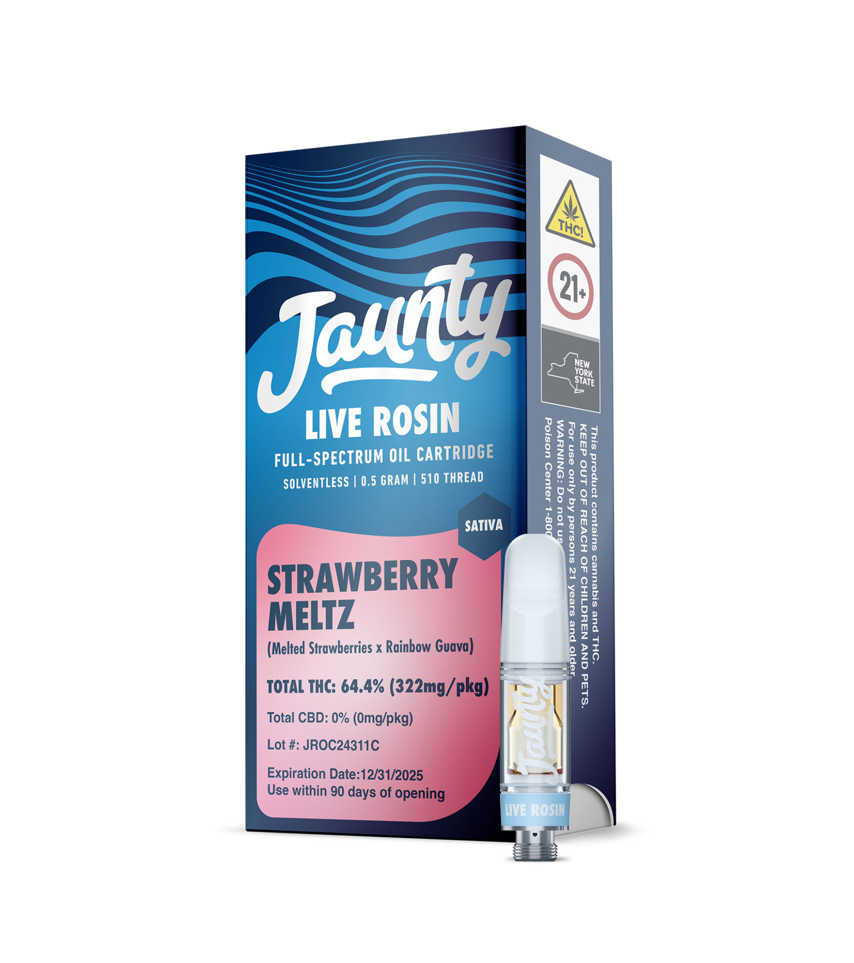 Jaunty Strawberry Meltz Live Rosin Threaded Vape Cartridges (Sativa) 64.4% {.5g}