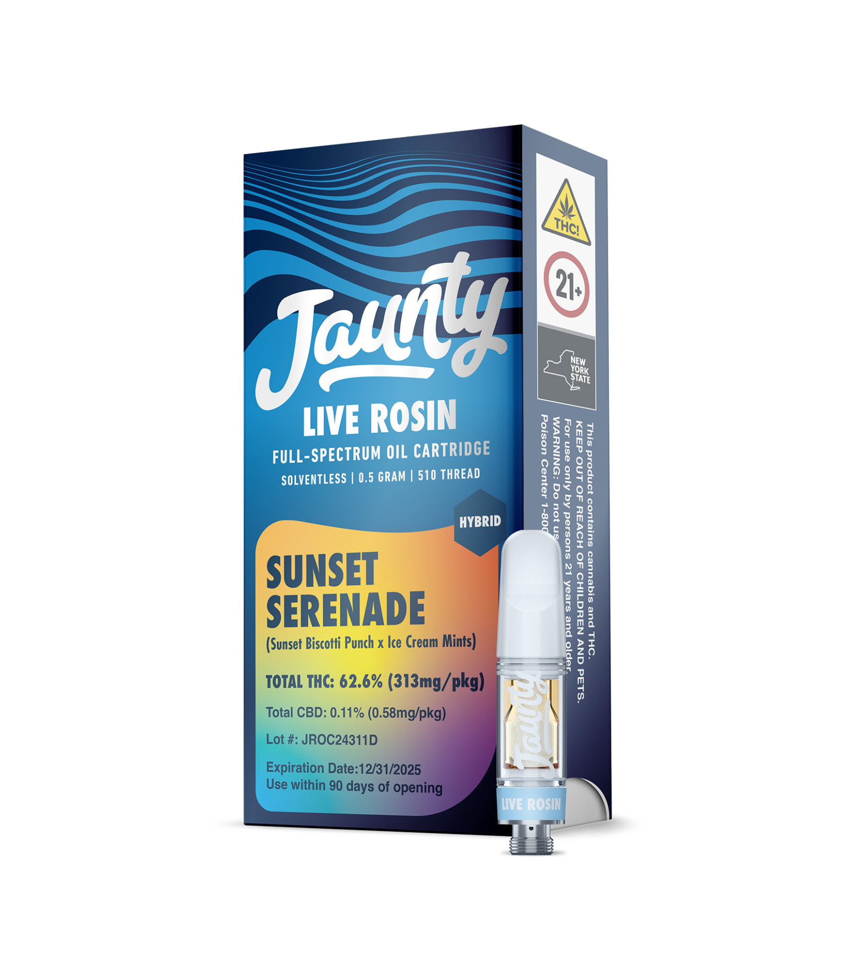 Jaunty Sunset Serenade Live Rosin Threaded Vape Cartridges (Hybrid) 62% {.5g}