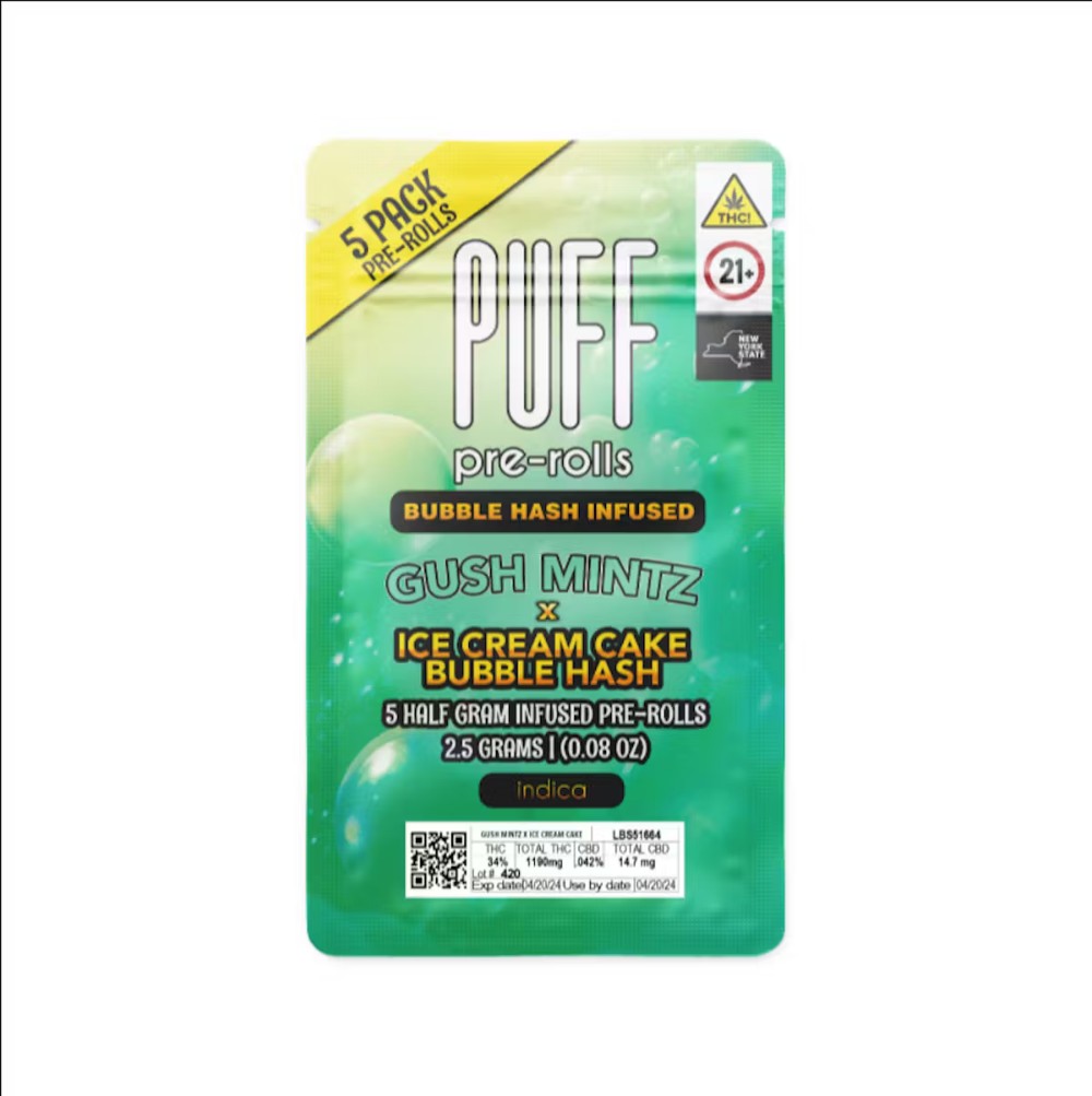PUFF Gush Mintz x Ice Cream Cake Bubble hash infused Pre-Roll 5-pack (Indica) 27.79% {2.5g}