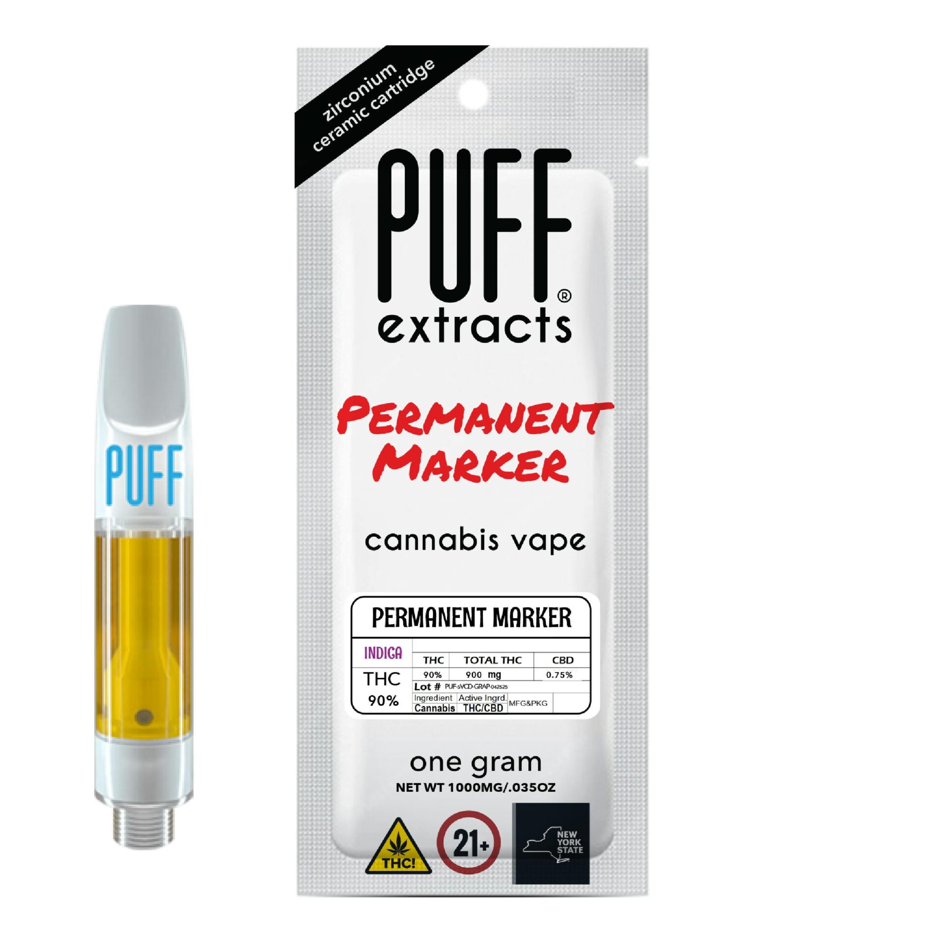 Puff Permanent Marker Threaded Vape Cartridges  (Indica) 91% {1g}