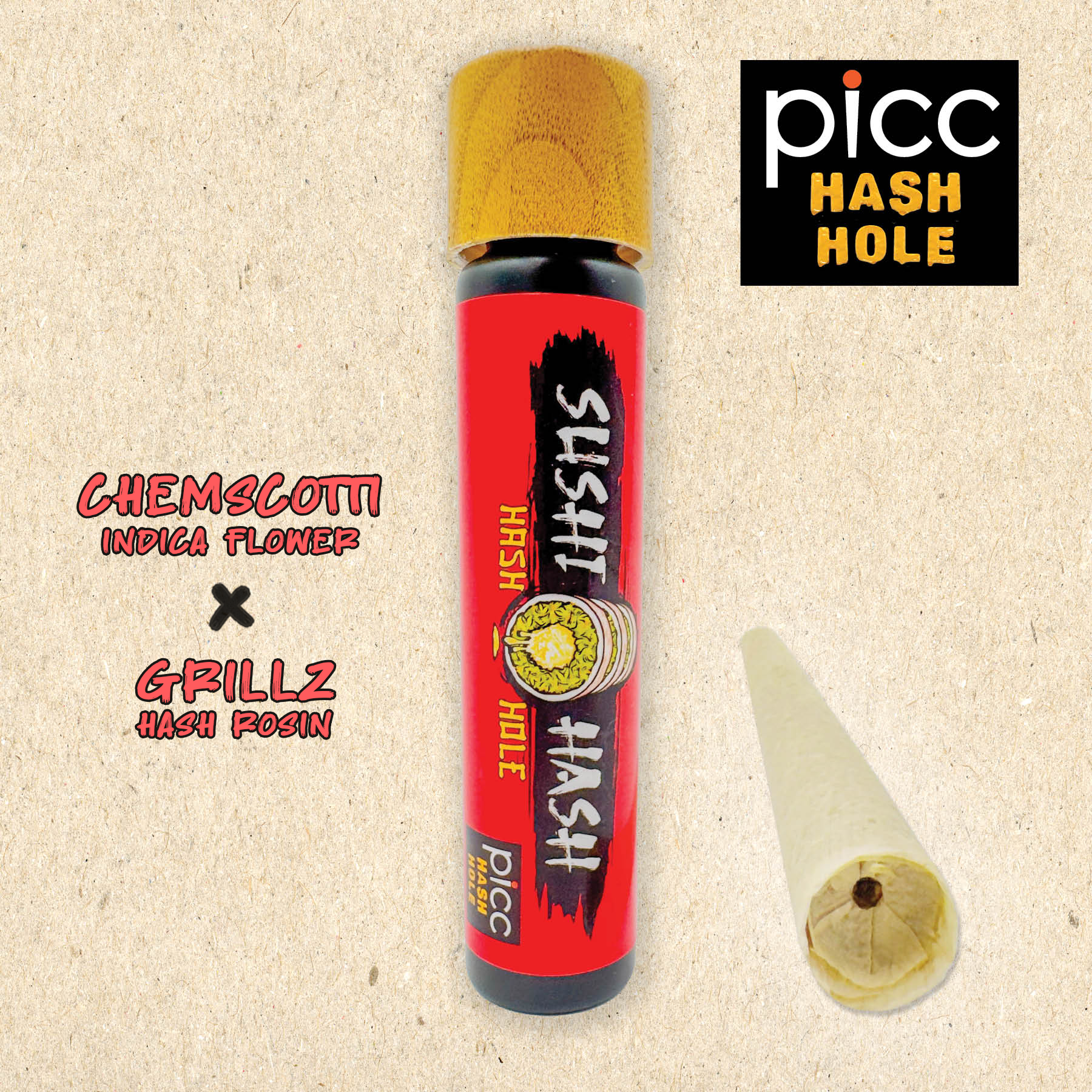 Sushi Hash Chemscotti x Grillz Rosin Hash Hole Infused Pre-Roll (Indica) 36.70% {1g}