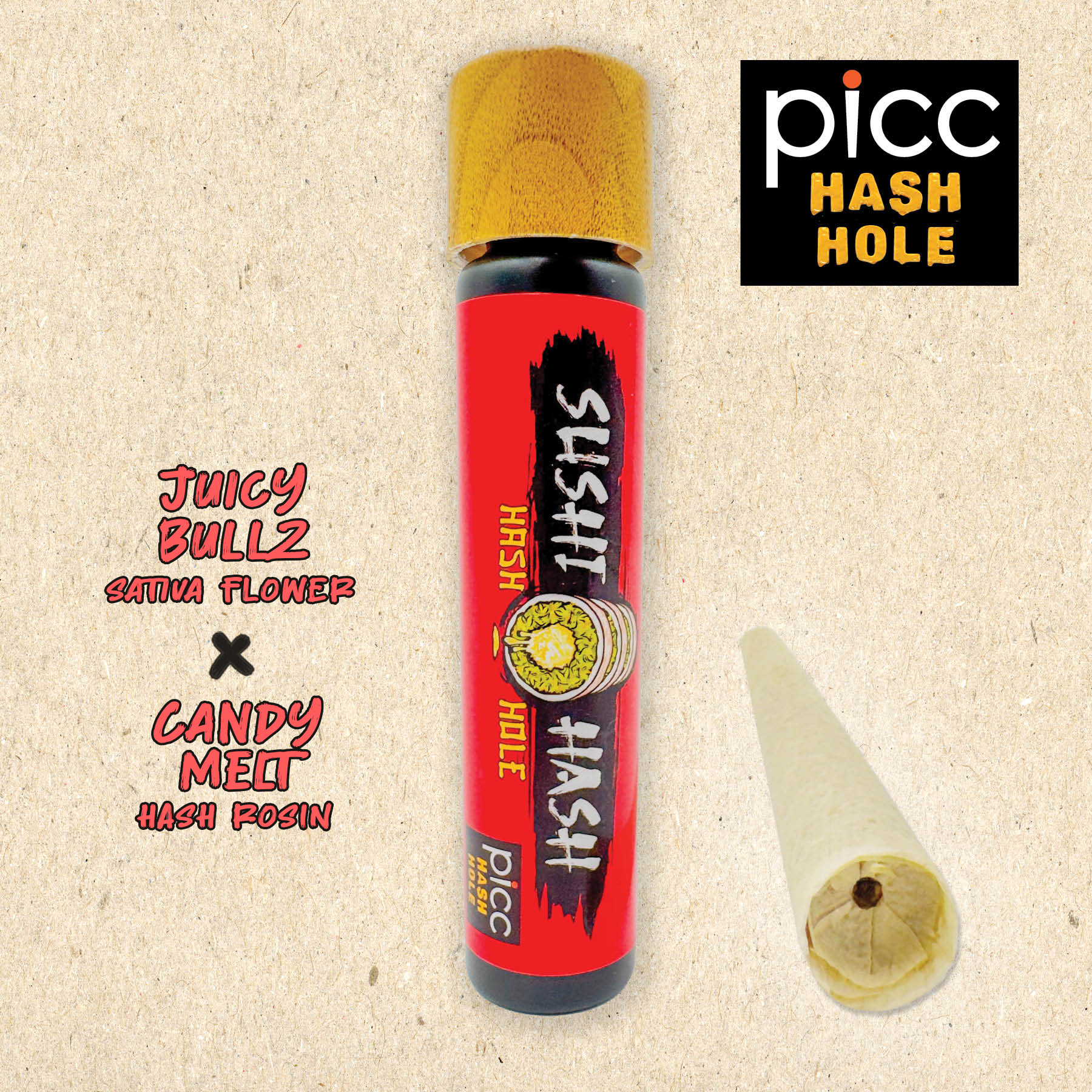 Sushi Hash Juicy Bullz x Candy Melt Rosin Hash Hole Infused Pre-Roll (Sativa) 35.20% {1g}
