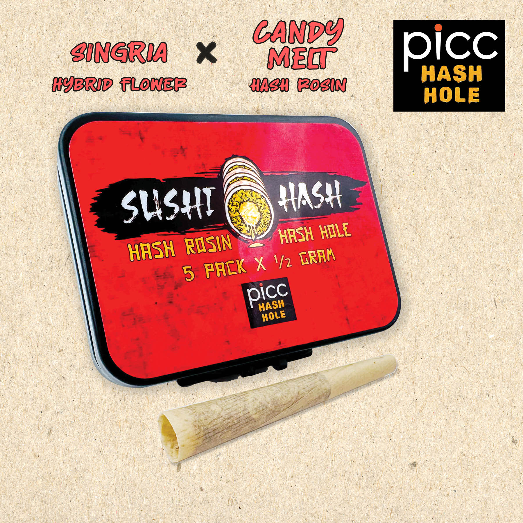 Sushi Hash Singria x Candy Meltz Rosin Hash Hole Infused Pre-Rolls 5-pack (Hybrid) 35% {2.5g}