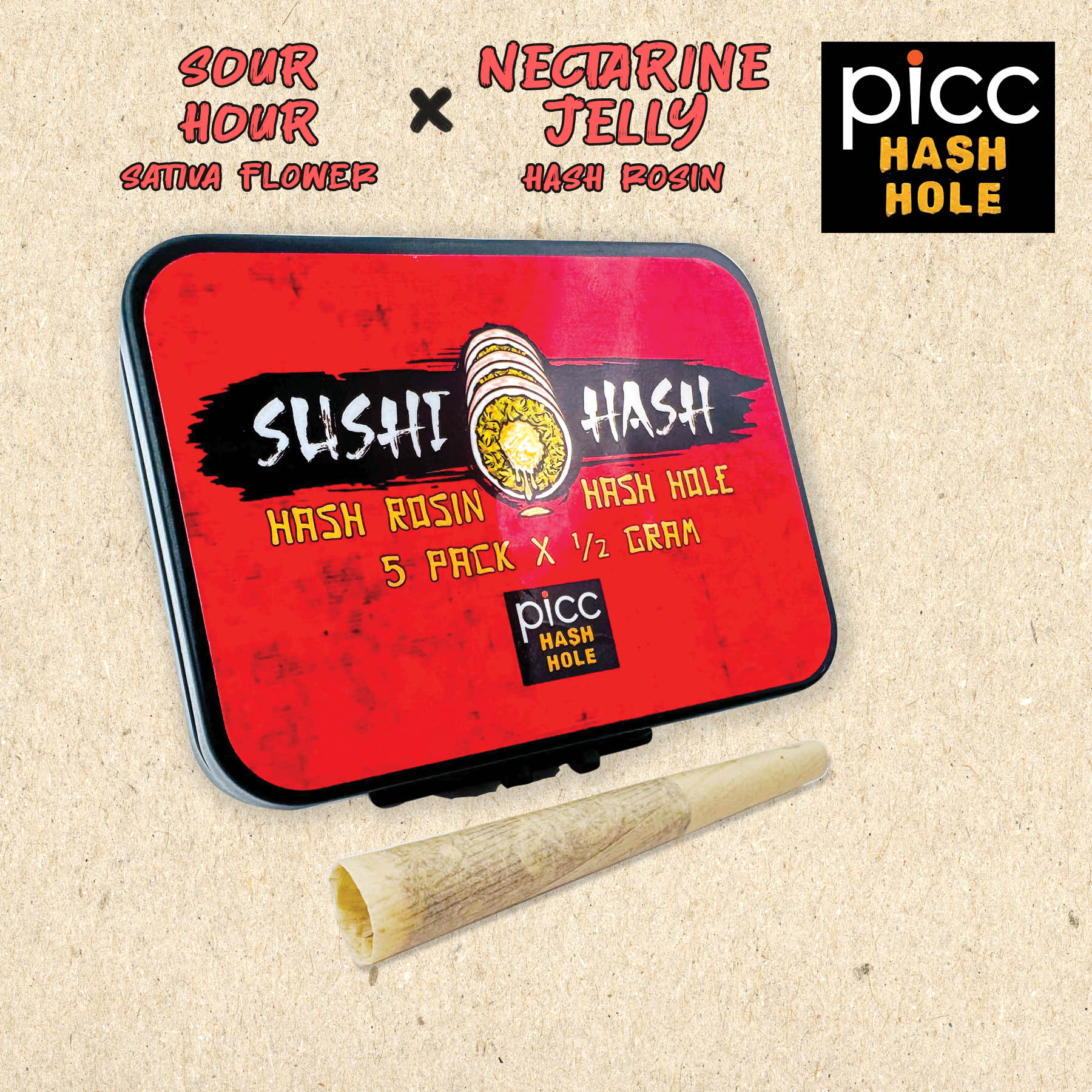 Sushi Hash Sour Hour x Nectarine Jelly Rosin Hash Hole Infused Pre-Rolls 5-pack (Sativa) 36% {2.5g}