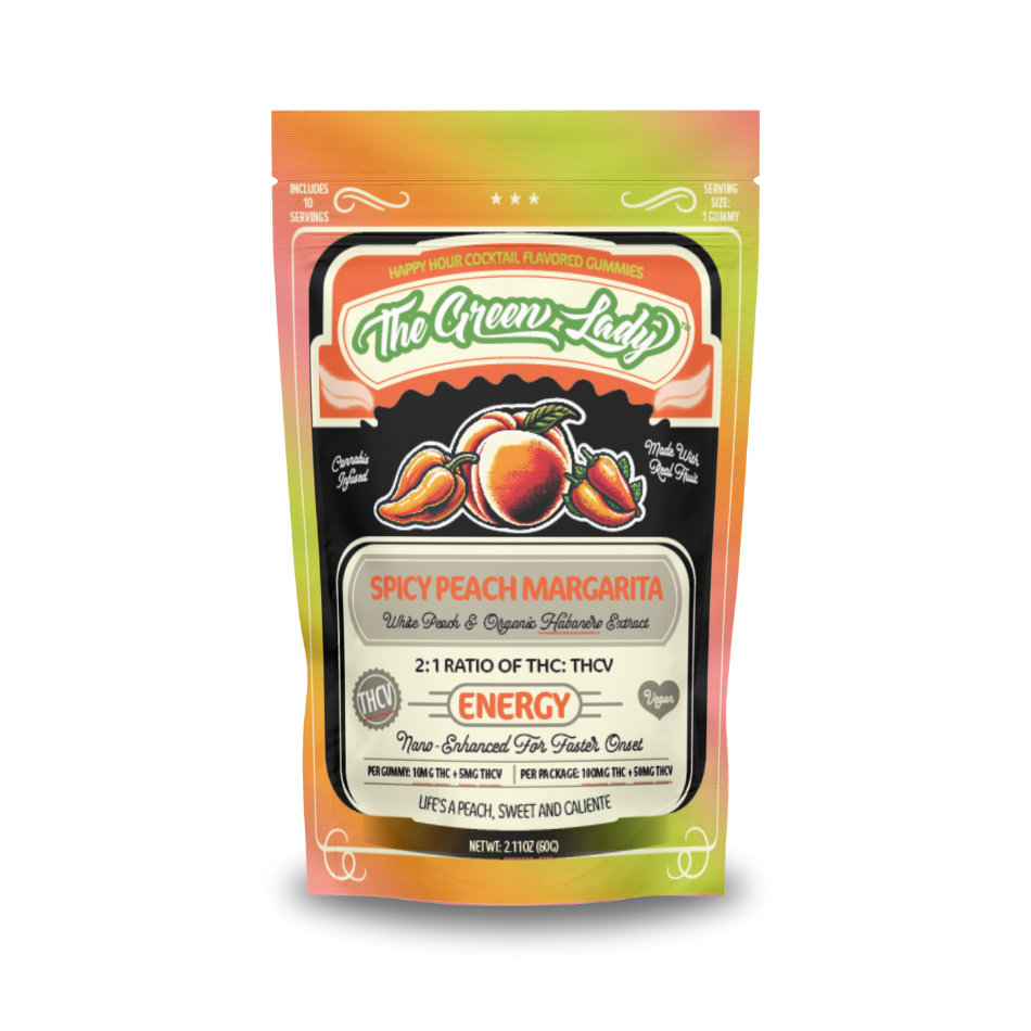 The Green Lady Edibles Gummies Spicy Peach Margarita Energy Sativa 100mg