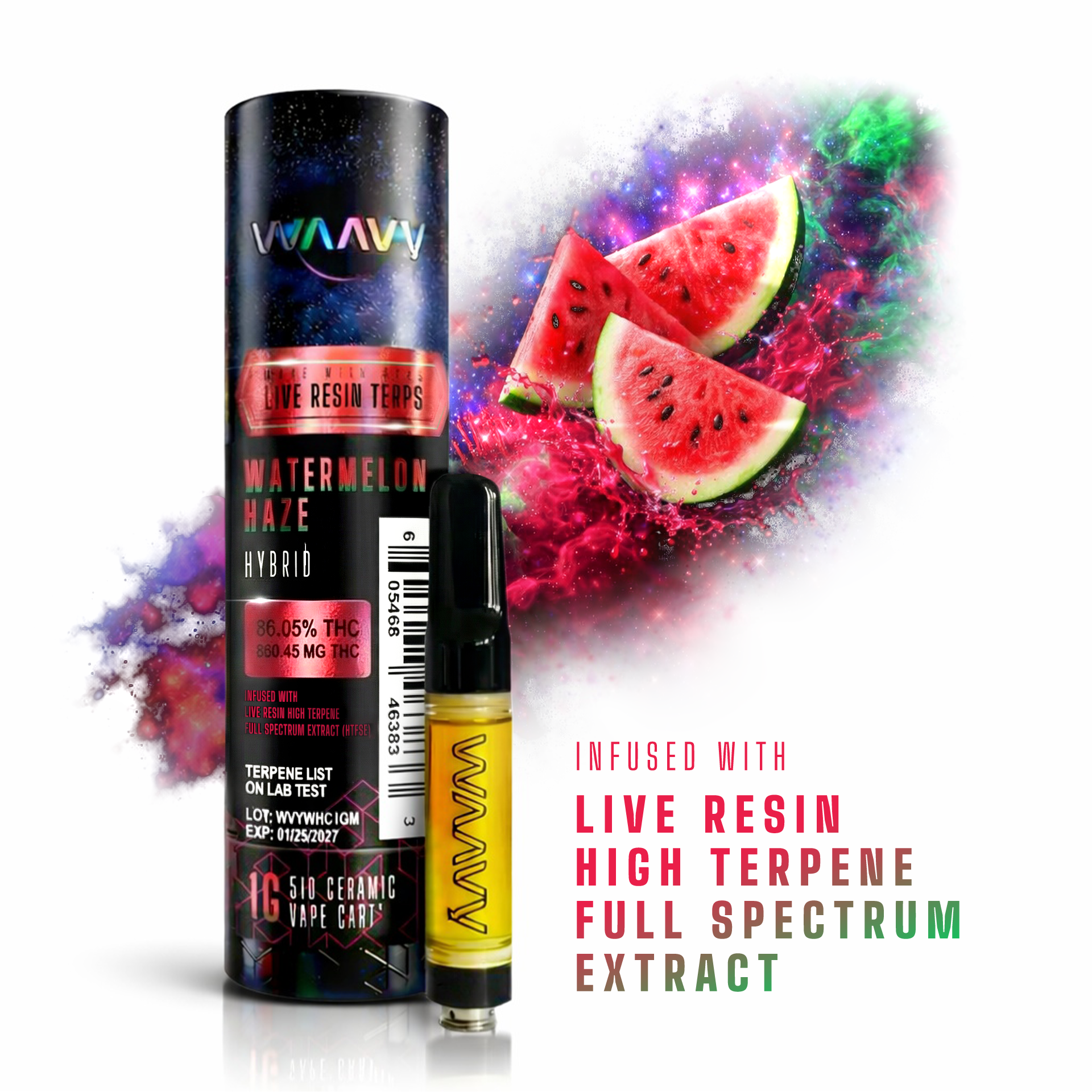 WAAVY Watermelon Haze Threaded Vape Cartridges  (Hybrid) 86% {1g}